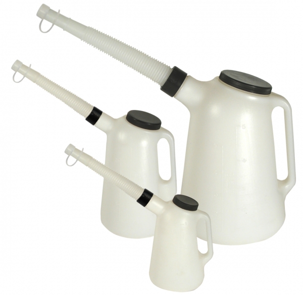 Polythene oil measure set with dust protection lid<br>and flexible spout   Type J-PE   1 + 2 + 5 litre